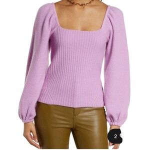 Halogen XS Wool Blnd Lilac Square Neck Puff Sleeve Ribbed Knit Sweater NWT